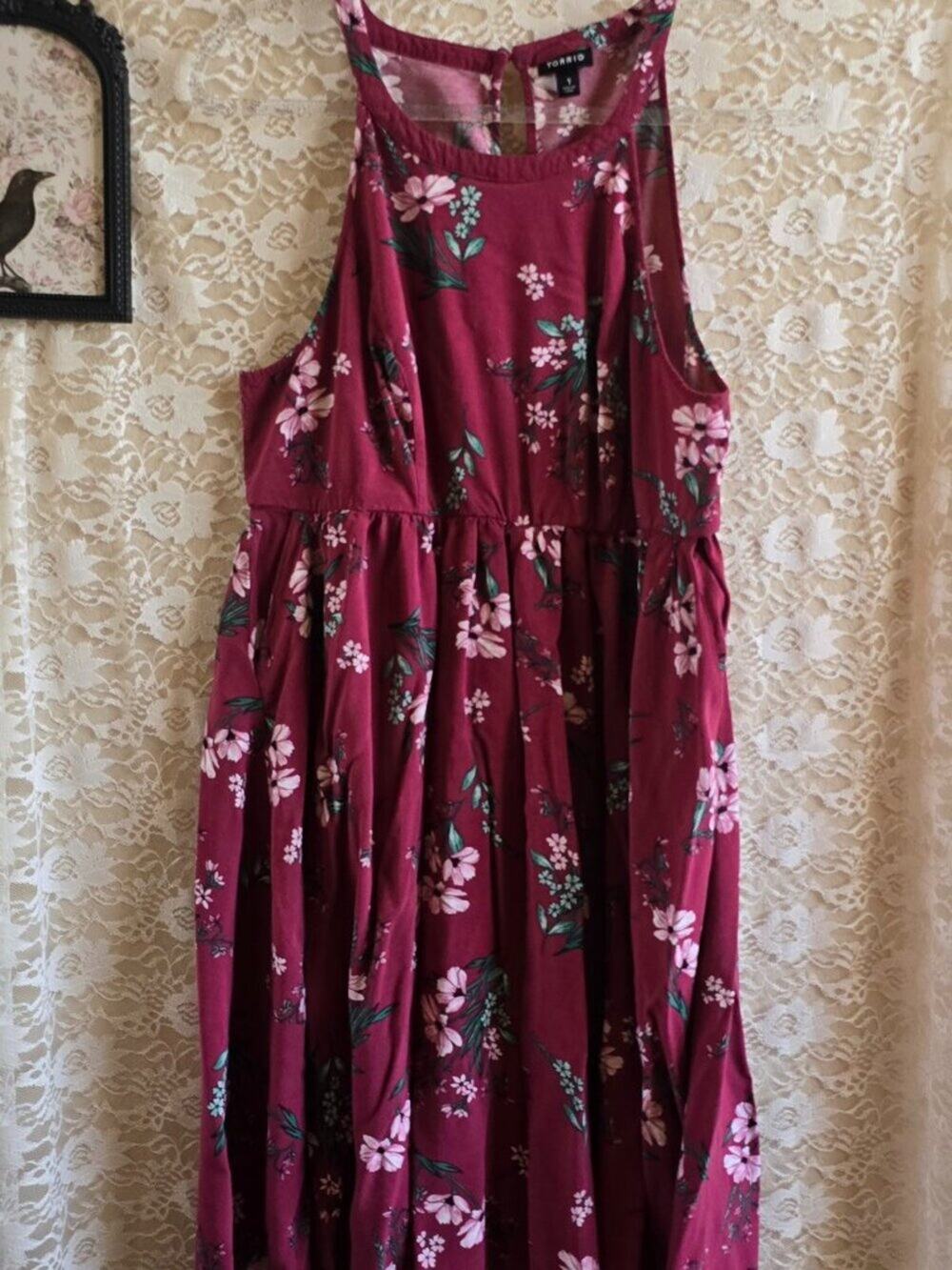 Burgundy/Merlot Floral Challis Dress Keyhole Back - fairy- cottagecore - indie